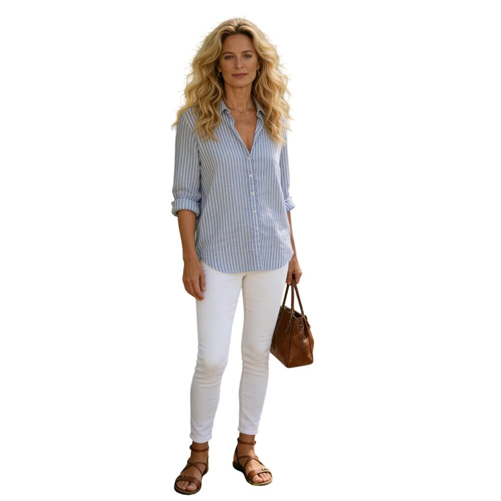 Tahari Blue and White Striped 100 percent Linen Shirt - 1X